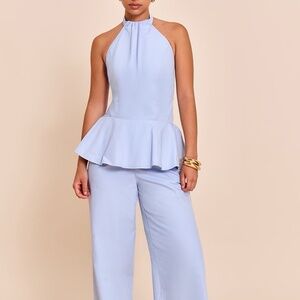 BABY BLUE WOVEN PEPLUM HEM JUMPSUIT